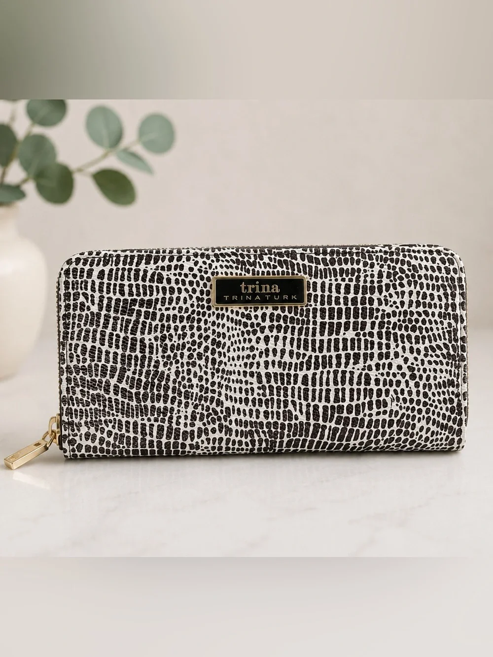 Trina Turk Black & White Textured Zip Wallet with Gold Logo Plaque